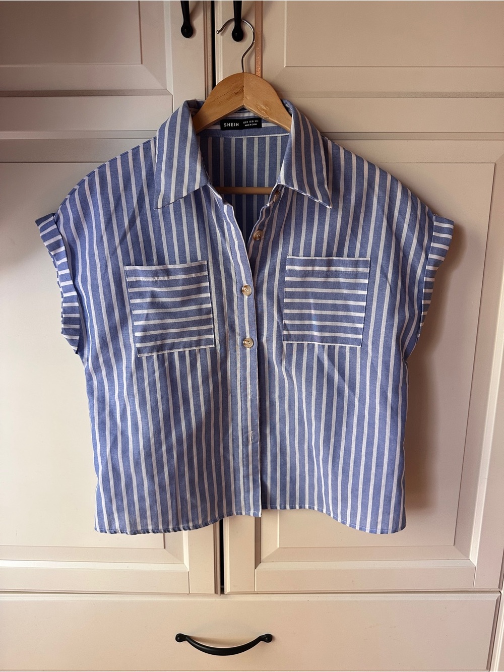 SHEIN Blue & White Striped Short-Sleeve Button Shirt